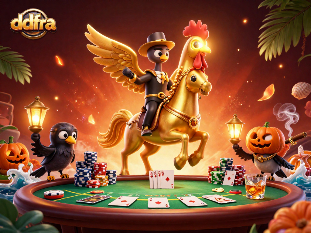ddfra engages players with a vibrant casino scene featuring a golden rooster on a spectral horse.