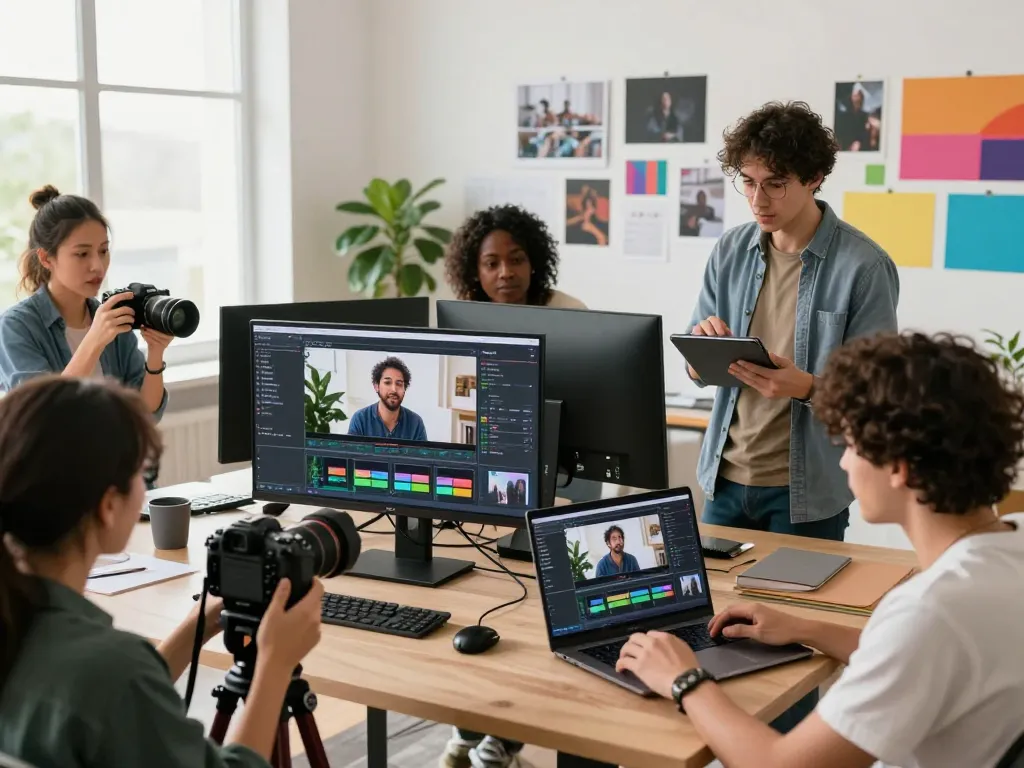 Seedance 2.0 showcased in a creative studio, diverse content creators collaborating on AI video projects.