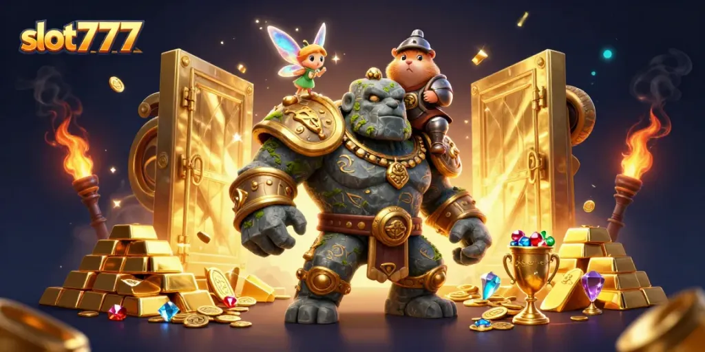 Gambar slot777 yang mempesona dan penuh harta dengan monster batu dan karakter si kecil bersinar.