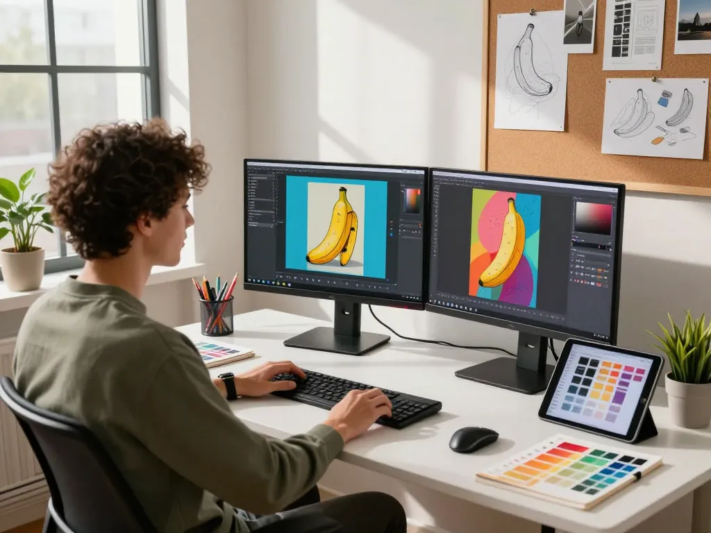 A digital artist utilizing nano banana 2 in a modern workspace, showcasing vibrant AI-generated images and creative tools.