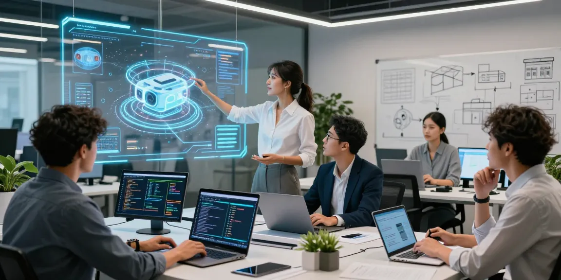 Kolaborasi profesional di https://miami4d.com/ dengan model 3D holografik dalam suasana kantor modern yang dinamis.