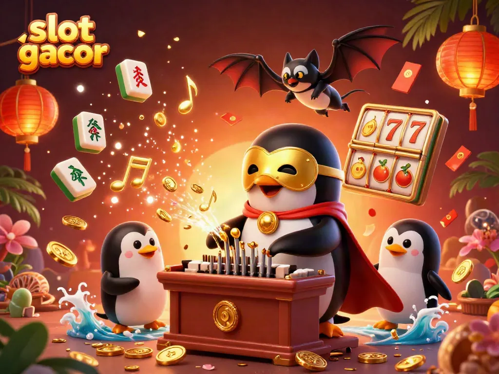 Experience the thrill of slot gacor with animated characters, slots, and vibrant casino elements floating in the air.