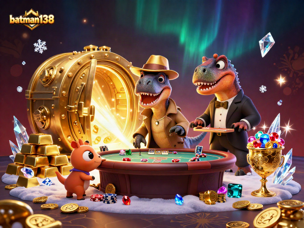 Engaging scene of batman138's casino with characters at a blackjack table and sparkling treasures.