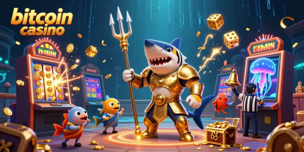 Experience the excitement of a bitcoin casino with a vibrant underwater scene featuring a golden shark gladiator.