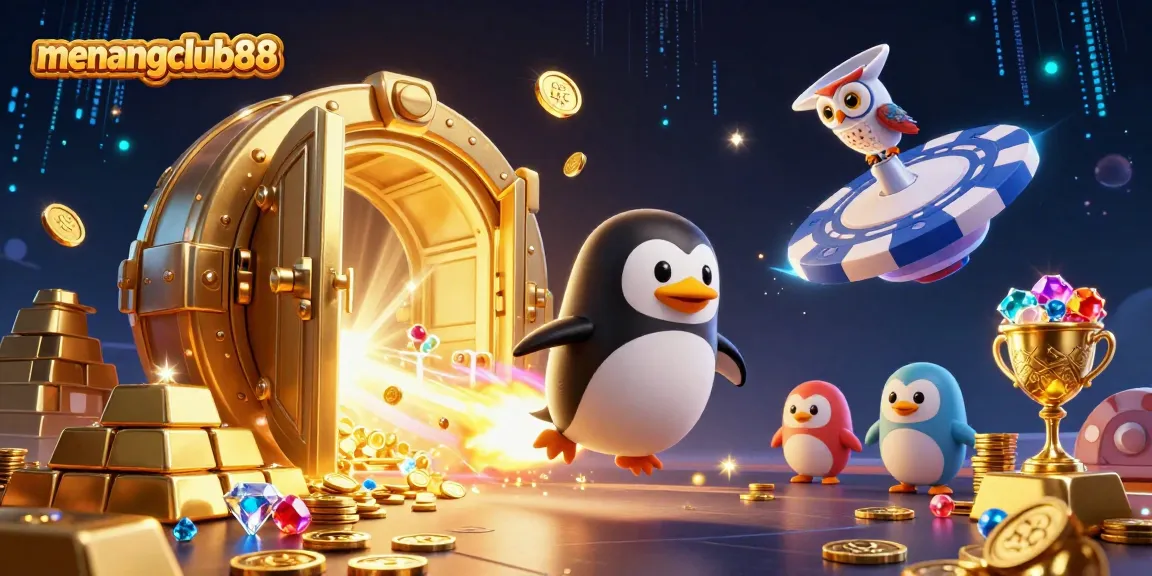 Experience the thrill of menangclub88 with a golden penguin racing toward a casino in space.