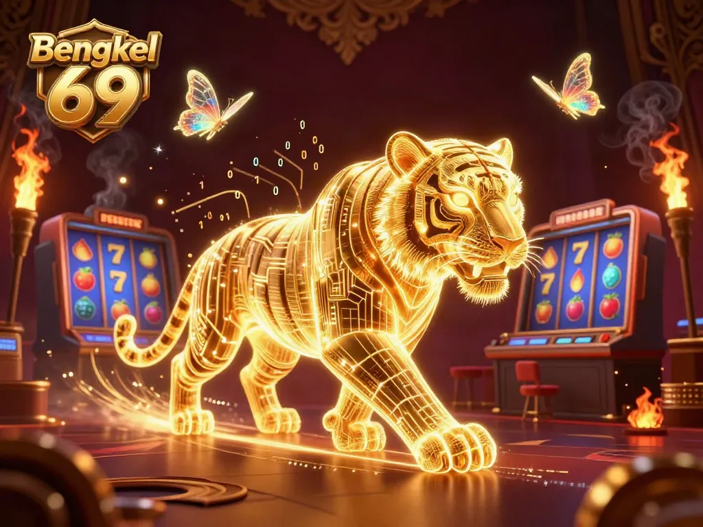 Bengkel 69 reveals the golden tiger in a rich casino scene, soaring with slot reels and golden light.