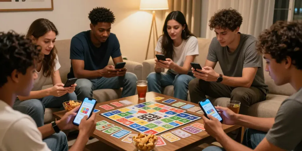 Friends enjoying Rumble Rummy with mobile devices and snacks.