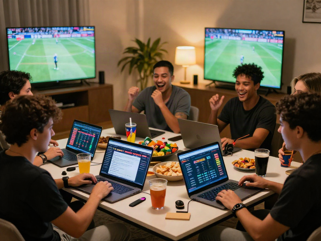 Friends enjoying a lively gaming night with hargatoto results displayed on laptops, cozy atmosphere.