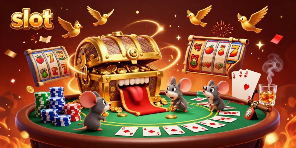 Spin the slot reels and immerse in a vibrant casino scene filled with treasures and festive elements.
