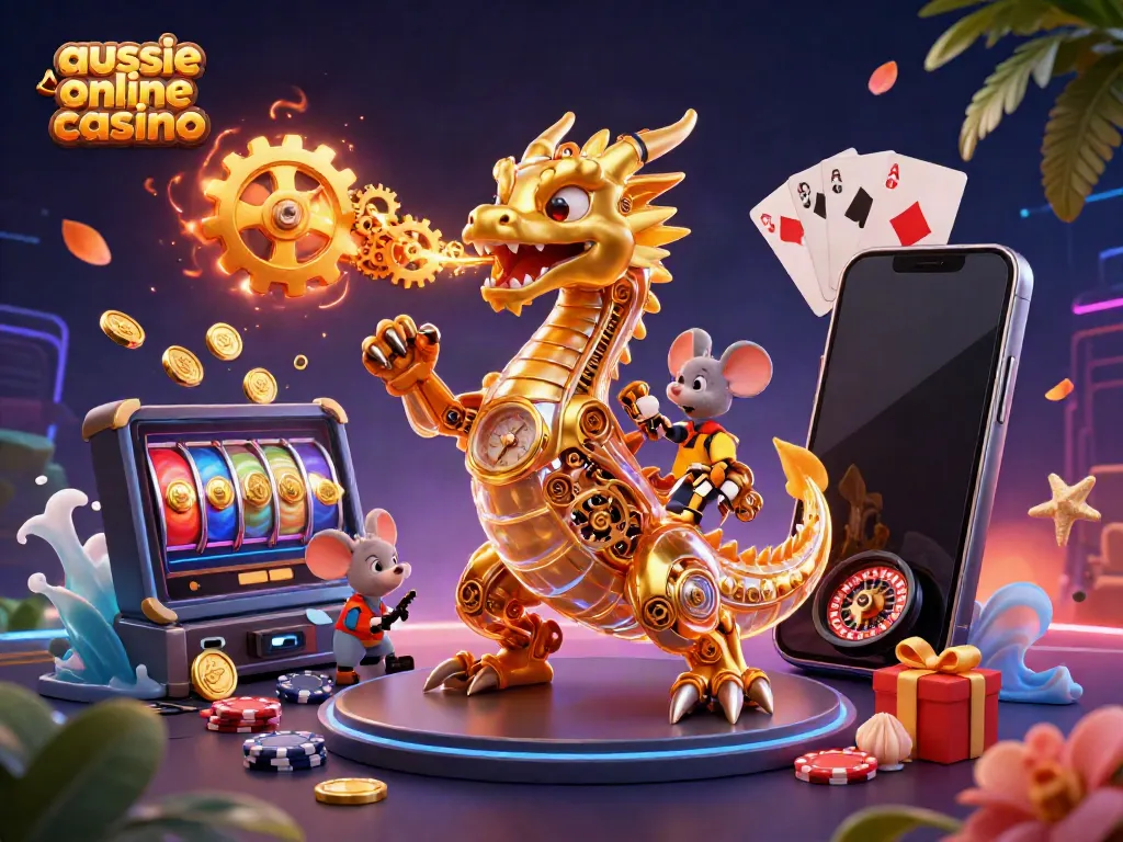 Engage with the exciting world of aussie online casino featuring a 3D dragon dispersing gears in a colorful scene.