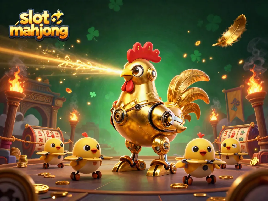 Experience the thrill of slot mahjong as golden rooster robots unleash laser magic in a vibrant casino.