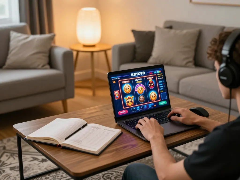 KDTOTO player engaging in online gaming with a cheerful expression, showcasing interactive slot machine interface.