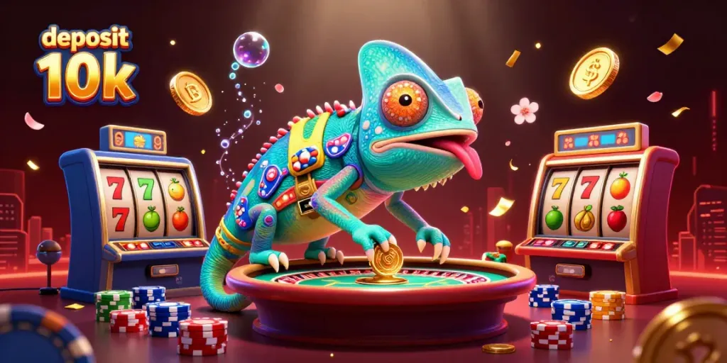 Bermain slot gacor deposit 10k dengan chameleon pemilik kasino, simbol keberuntungan bertebaran.