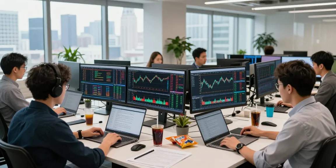 Kakakjudi trading di kantor modern, para trader berkolaborasi dengan grafik pasar dan perangkat lunak keuangan.
