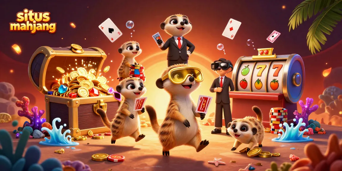 Experience the excitement of situs mahjong with lively meerkat dealers in a vibrant casino scene.