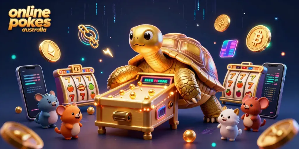 Play thrilling online pokies in Australia with a golden tortoise pinball machine and vibrant crypto elements.