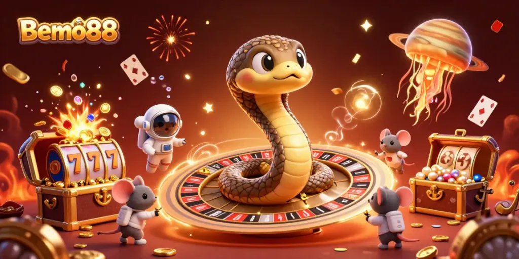 Bemo88 offers a vibrant casino scene with a Saturn ring snake roulette and astronaut mice betting.