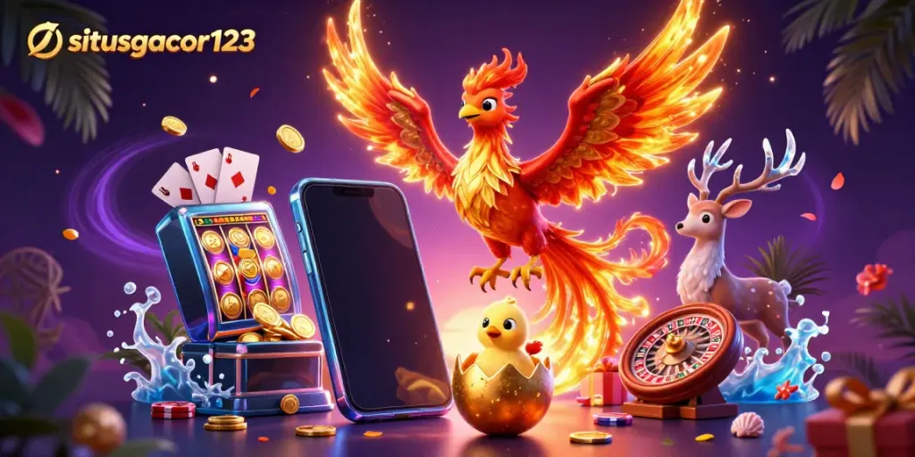Experience thrilling gaming action with situsgacor123 as a fire phoenix and a baby phoenix highlight an exotic scene.