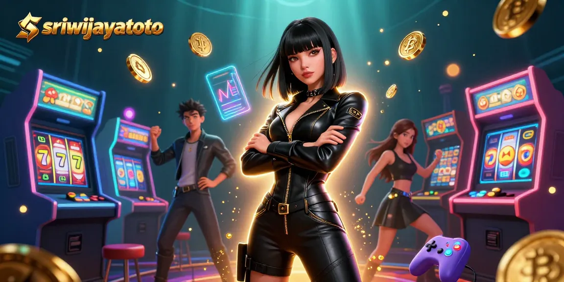 Sriwijayatoto features an Asian woman showcasing casino excitement in a vibrant 3D illustration.
