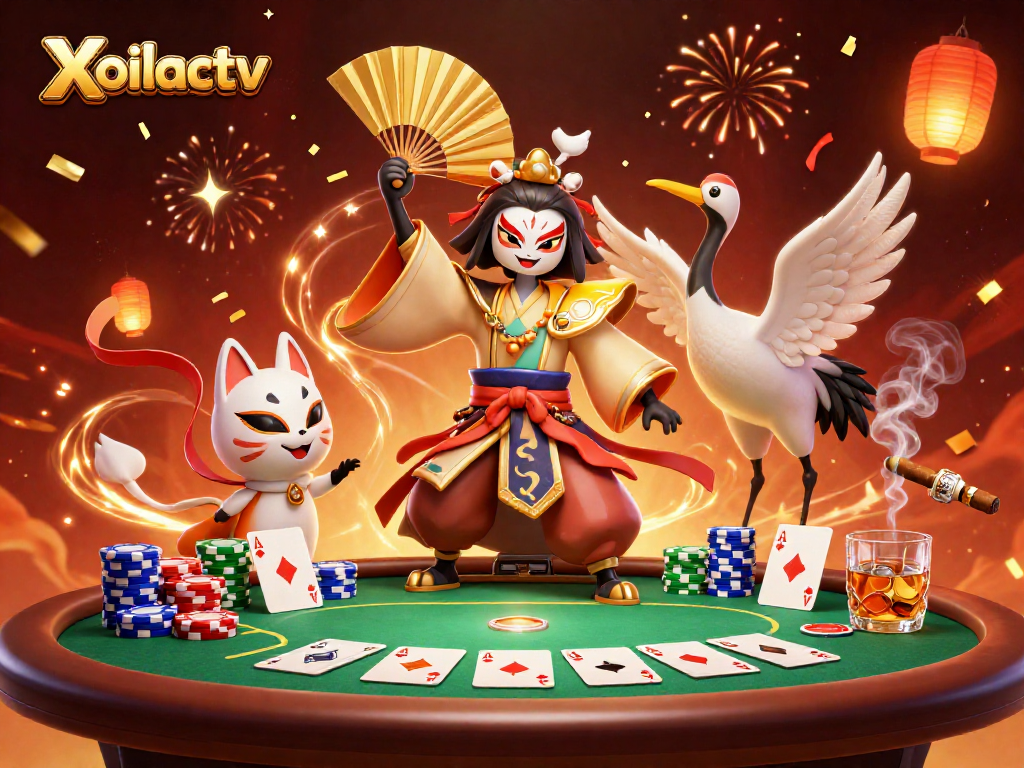 Xoilactv showcases vibrant 3D gambling art with kabuki warrior and poker elements.