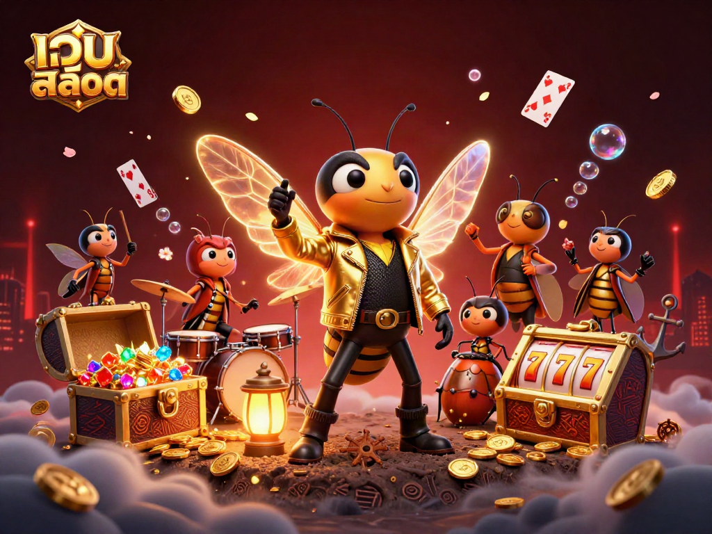 Experience the thrill of เว็บสล็อต with a rock star cicada and vibrant gaming elements in this dynamic illustration.