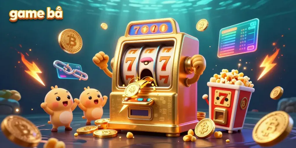 Experience game bài excitement with a golden slot machine hitting a jackpot amidst cheering companions.