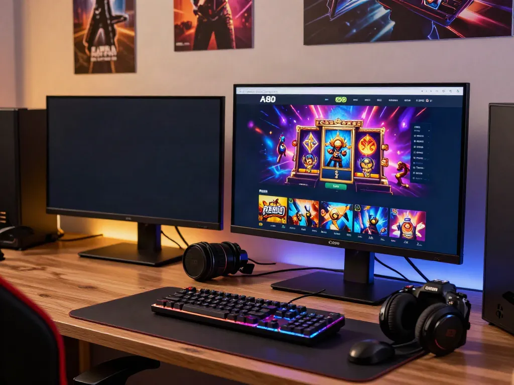 Vibrant gaming setup showcasing A80 platform with slot games and user-friendly interface.