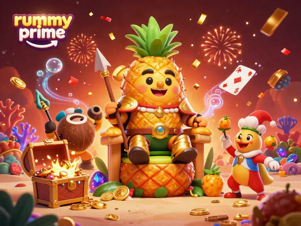 Experience the vibrant world of rummy prime with dynamic visuals of a tropical casino scene filled with joy and excitement.
