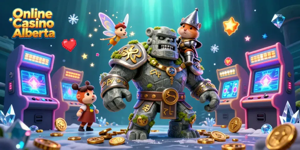 Engage with Online Casino Alberta through a captivating 3D scene of gaming characters and dynamic elements.