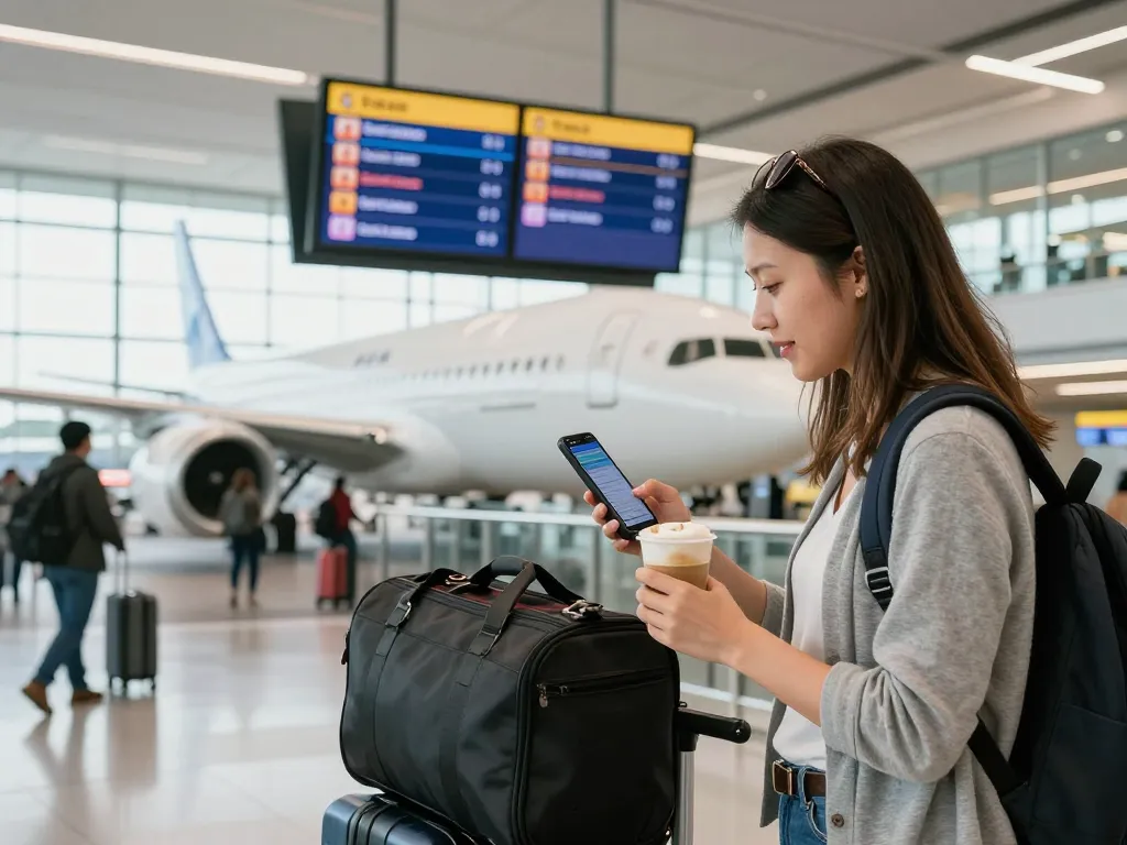 Cardiff Airport from Halifax, traveler checking flight info at vibrant airport terminal.