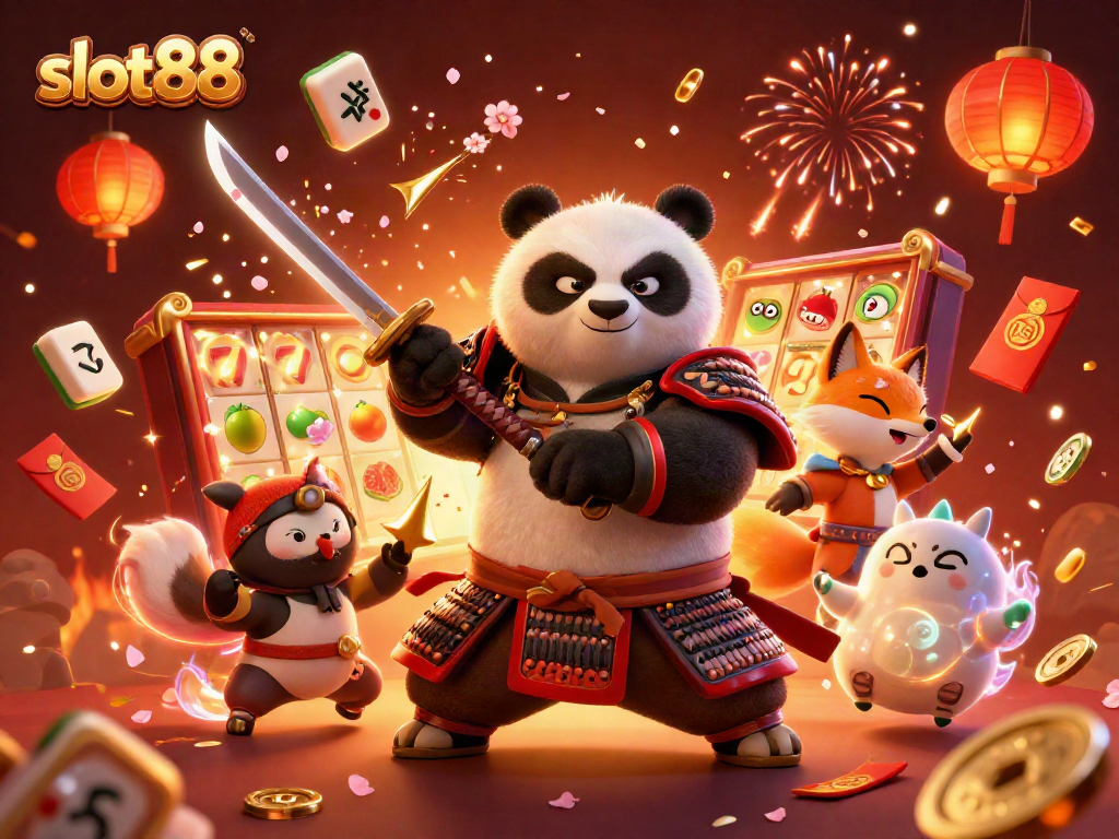 Experience the excitement of slot88 with a vibrant 3D panda samurai and casino elements.