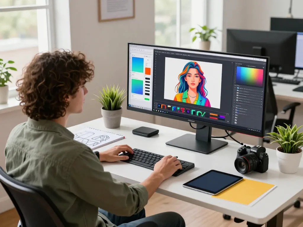 Designer using nano banana 2 at a modern tech workspace with vibrant AI-generated images on display.