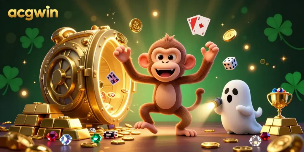 Permainan judi online acgwin dengan hantu menyeramkan dan koin emas yang mengelilinginya.