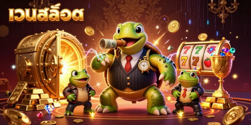 เกมสล็อตสนุกสนานรวมตัวกับเต่าใหญ่ในชุดธรรมดาและกบผู้รักษา พร้อมการดับเพลิงในคาสิโน