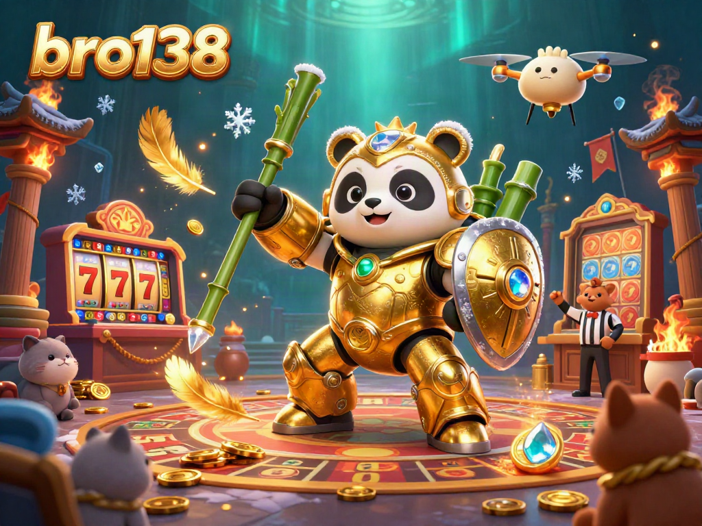 Engage with bro138's exciting slot-themed 3D casino illustration featuring vibrant characters and dynamic game elements.