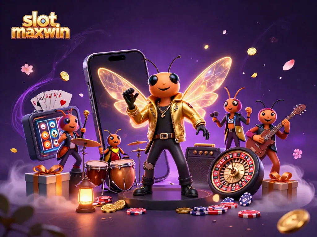 Experience slot maxwin excitement with this vibrant 3D illustration featuring animated casino elements and characters.