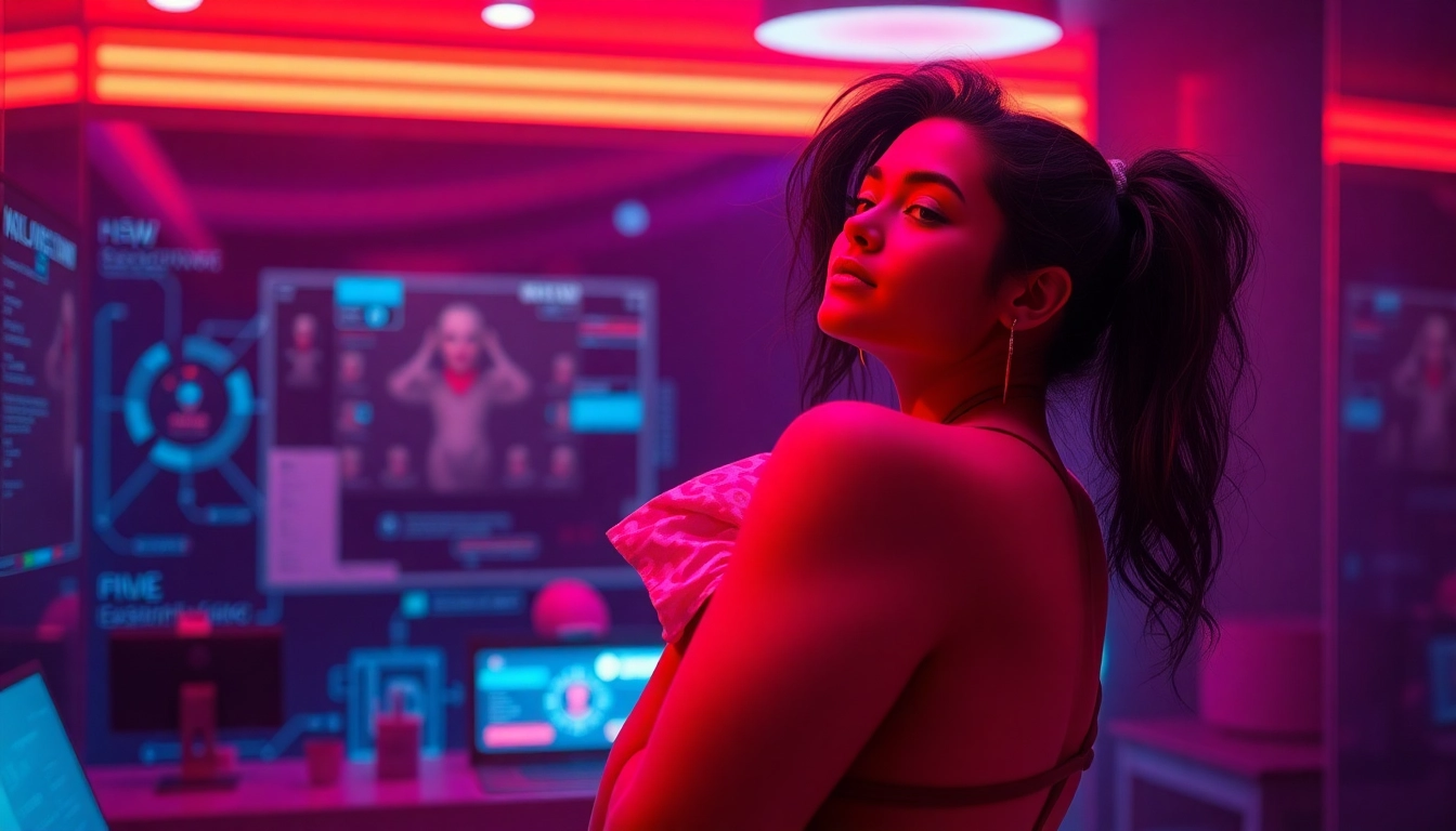 AI NSFW character in a vibrant digital setting with modern tech elements.