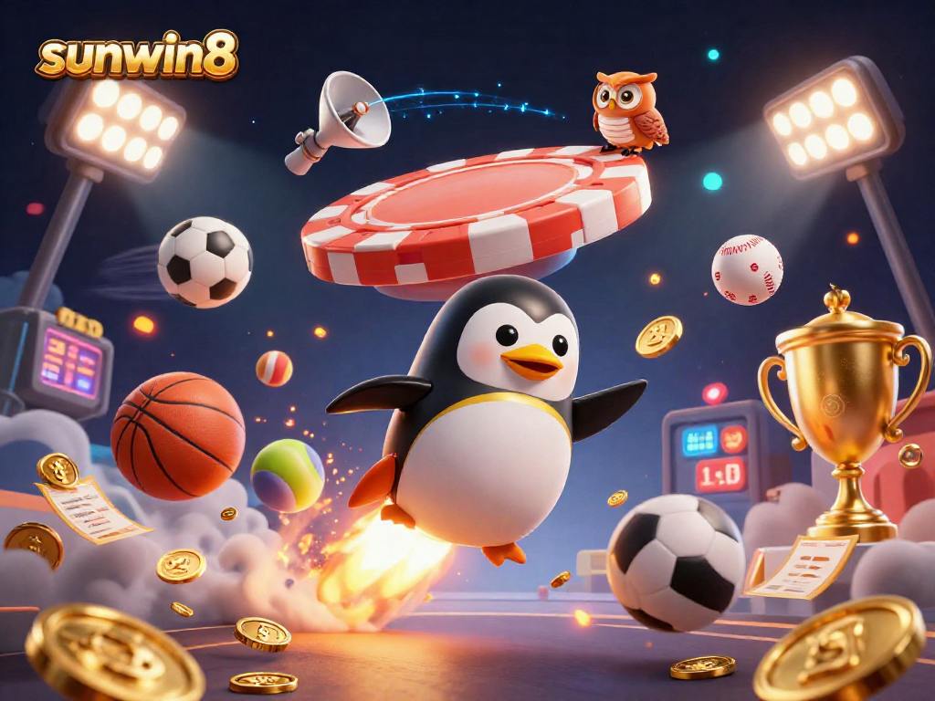 Join the excitement at sunwin8 as a golden penguin races through a casino-themed cosmos collecting rewards!