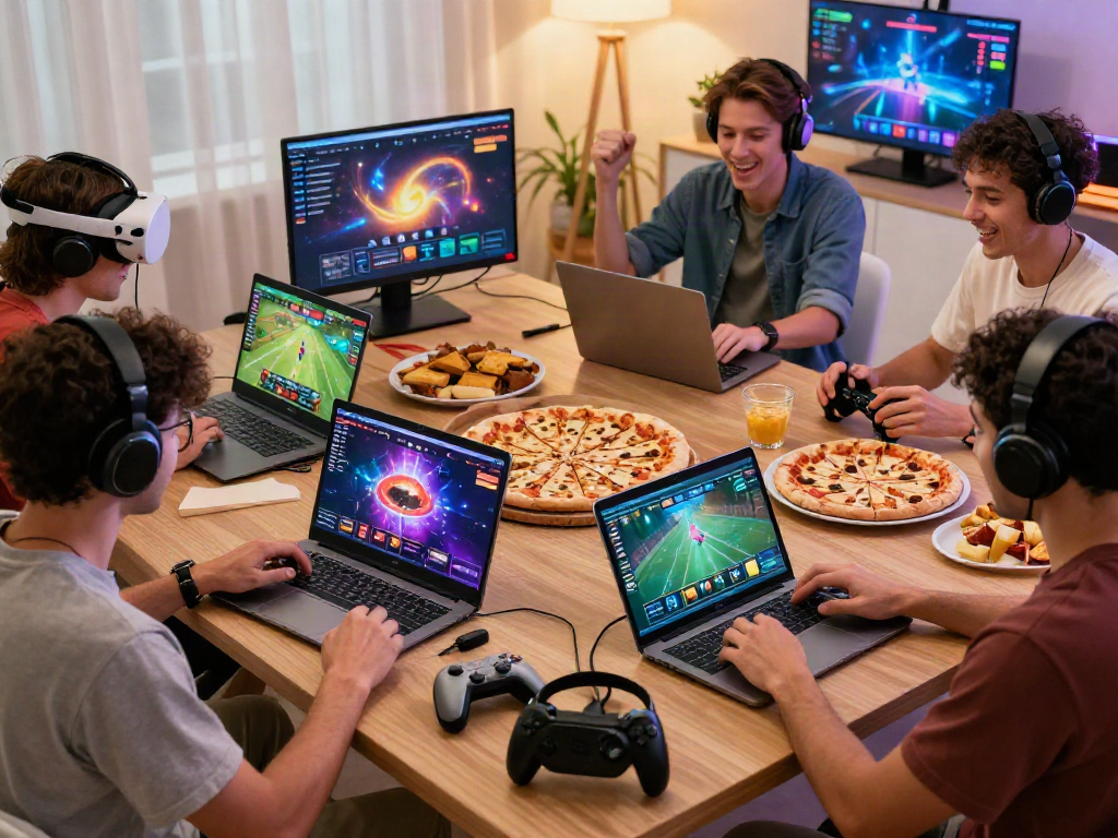 Engaging friends enjoying ALO8 gaming platform with laptops, snacks, and dynamic gameplay.