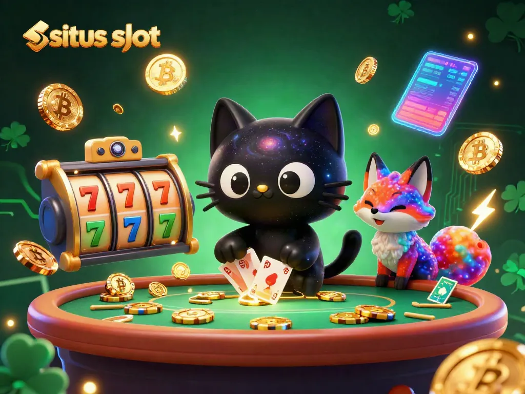Engage with the vibrant situs slot scene featuring a black hole cat amid slot reels and glowing cryptocurrencies.