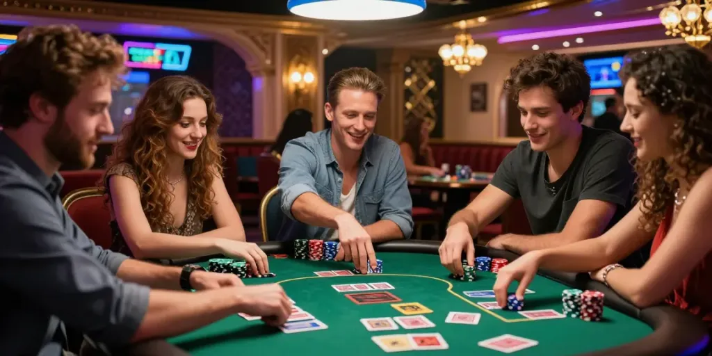 Exciting casino atmosphere with friends strategizing around a Lucky777 poker table, vibrant colors and neon lights.