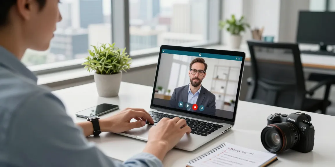 Application d'appels internationaux dans un bureau moderne avec un professionnel en visioconférence, équipements de communication visibles.