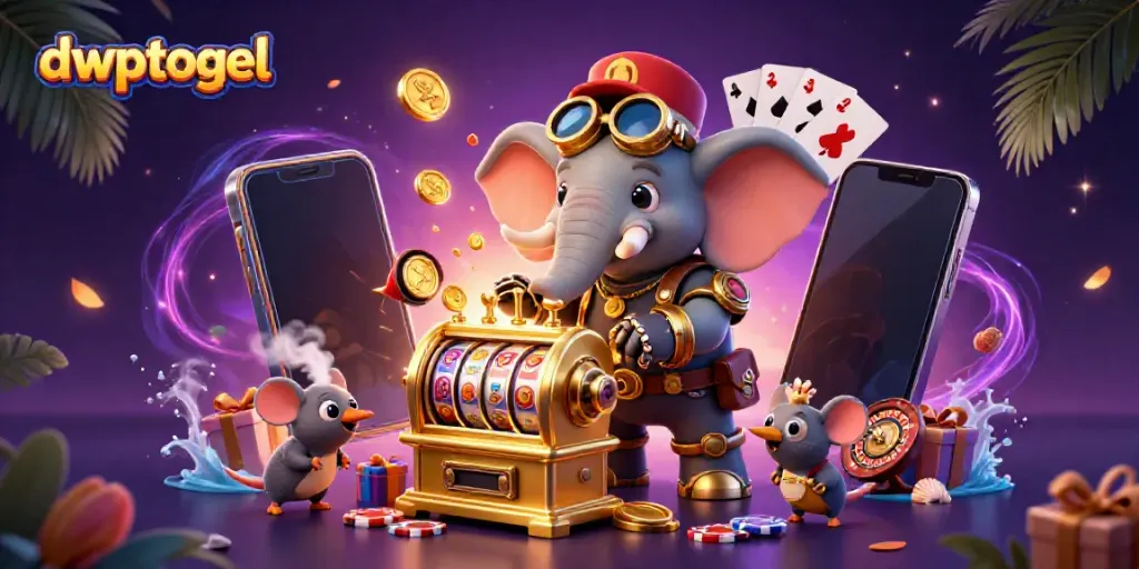 Menggunakan dwptogel, seorang gajah insinyur steampunk mengoperasikan mesin slot berkilau.
