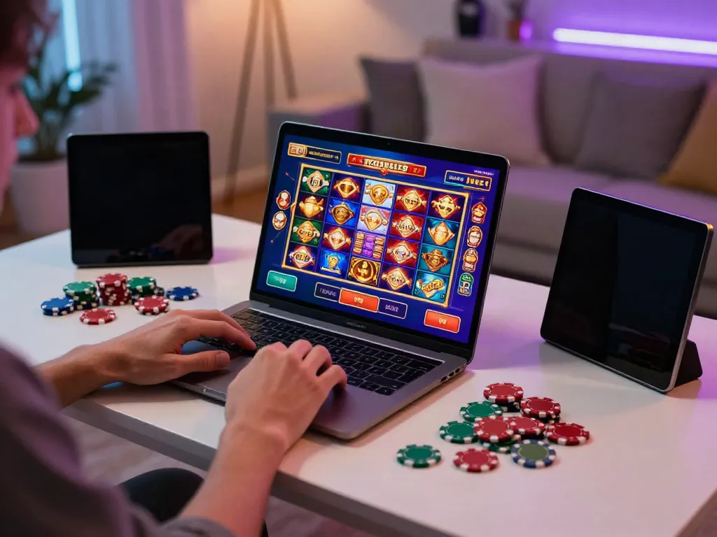 A vibrant home gaming scene showcasing a user enjoying slot games on a laptop, featuring akunjp's exciting interface and immersive atmosphere.