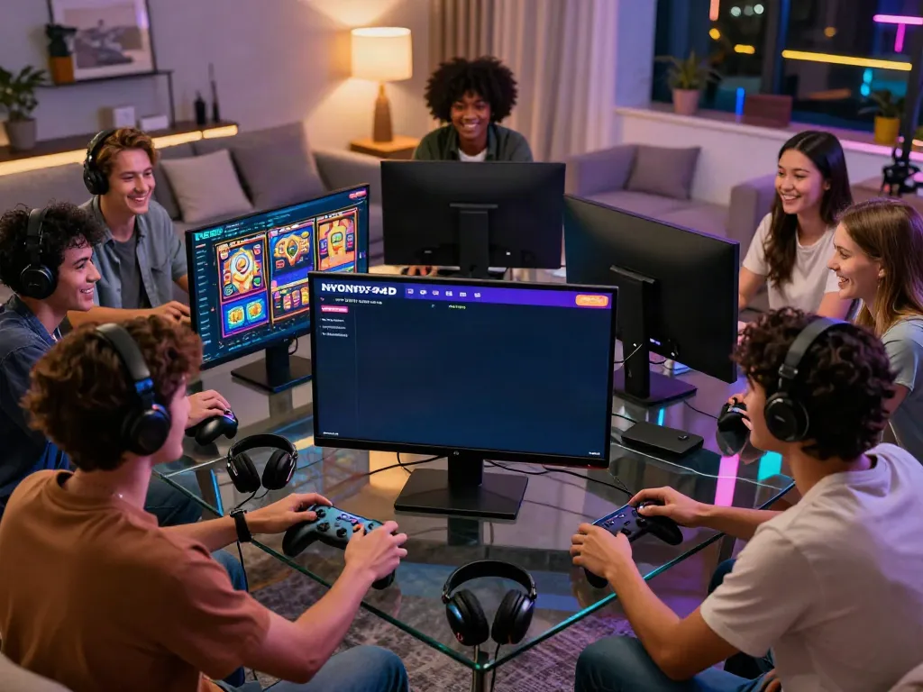 Pengalaman bermain game online Nyonya4D di ruang tamu modern, dengan teman-teman bersenang-senang.