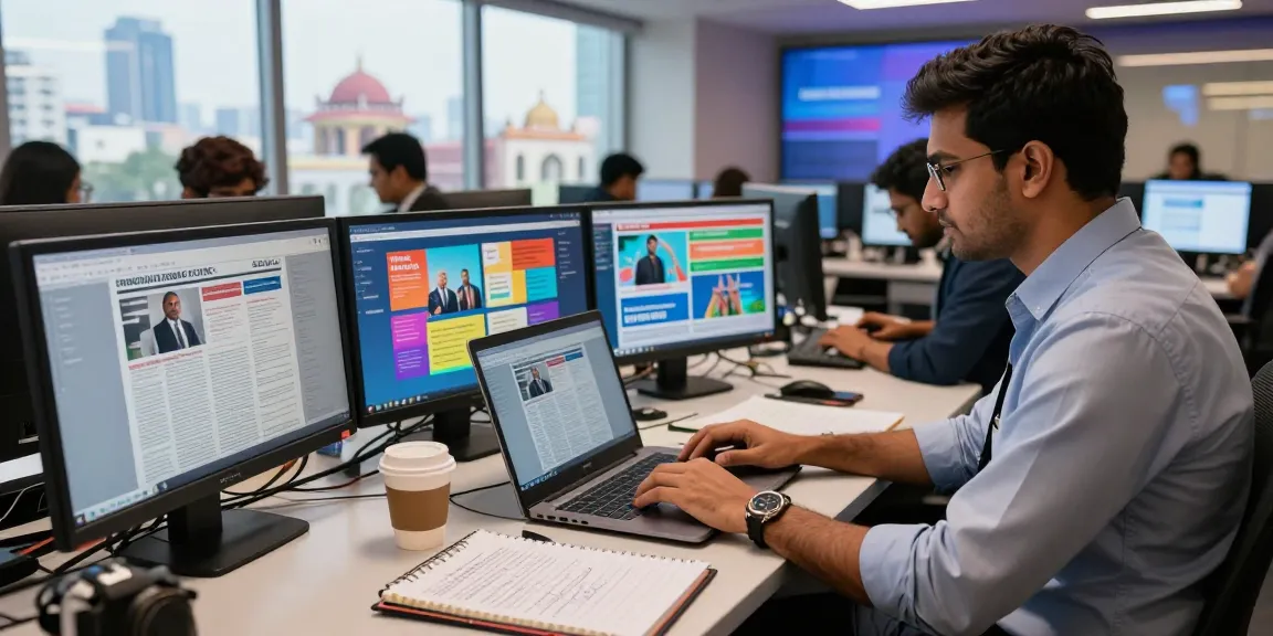 Dynamic newsroom capturing the latest updates from https://www.theindaily.com, vibrant journalist engaged in article writing.