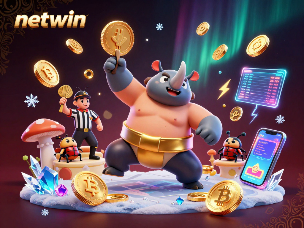 Experience thrilling fun at netwin with the dynamic scene of a beetle sumo champion amidst flying coins.