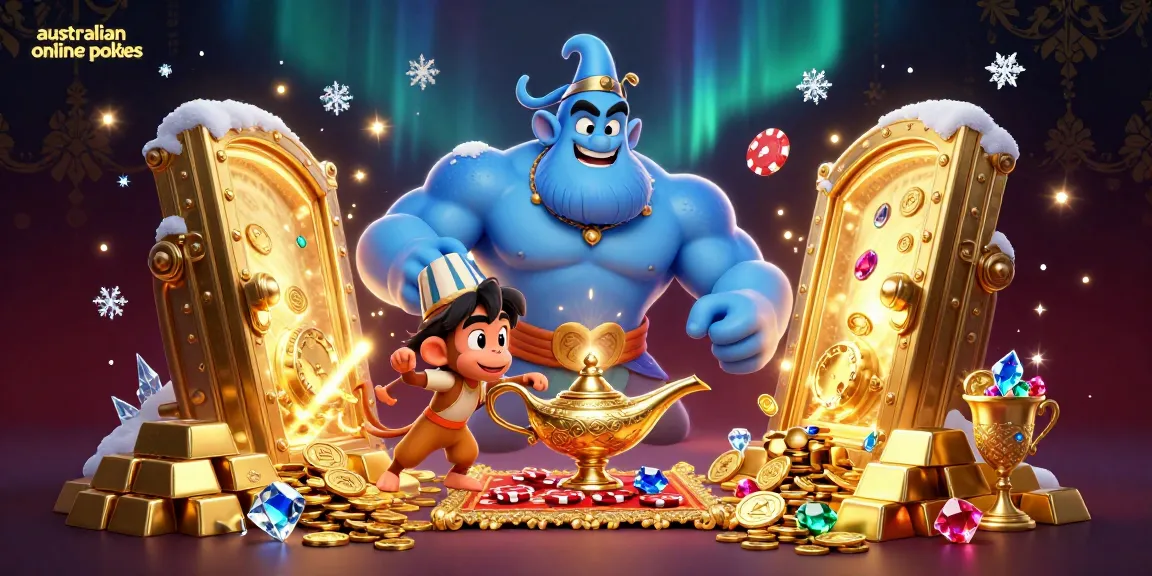 A fun 3D illustration of australian online pokies with a genie, monkey, and poker chips amidst golden treasures.