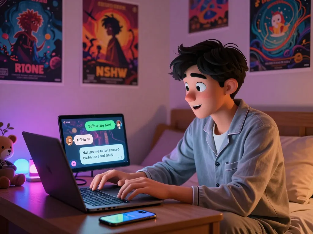 Interactive NSFW AI virtual chat scene with engaging character on a laptop in a warm bedroom.