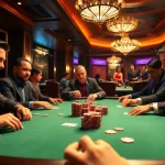 Intense poker game action at a stylish casino table with players engaged.